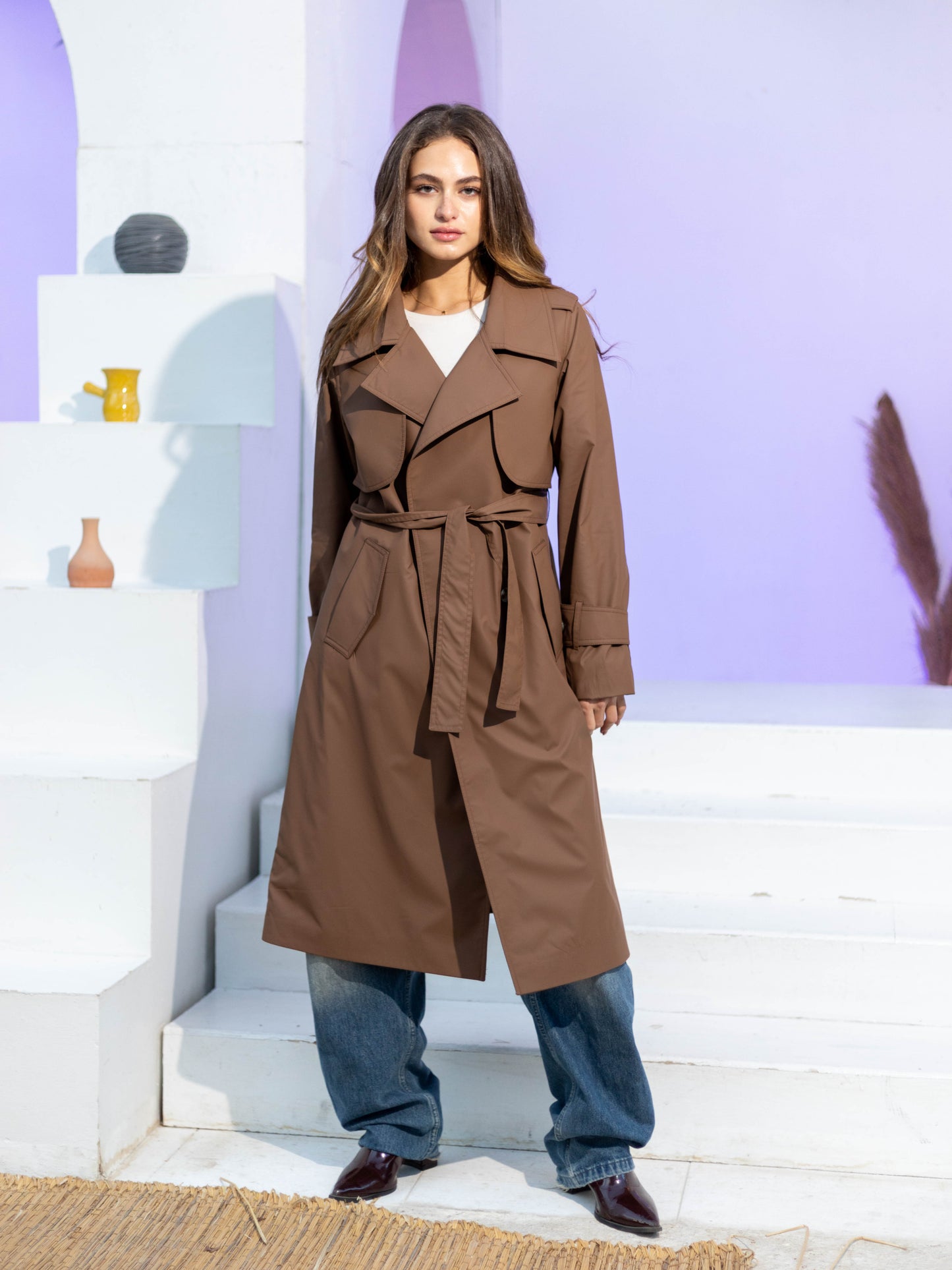 Waterproof leather trench coat, lined and water-resistant
